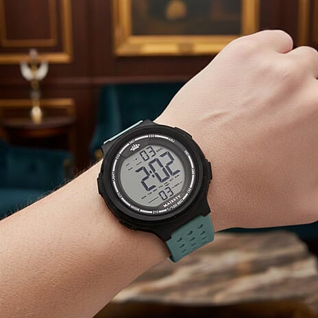 MAJESTY Digital Electronic 3ATM WR LCD Dial - Black Case Mens Watch with Cyan TUP Strap