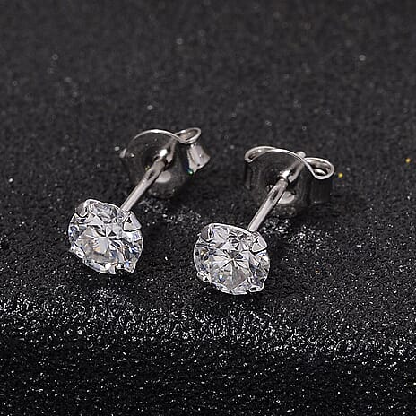 D'Joy Moissanite Solitaire Stud Push Post Earring in Rhodium Overlay Sterling Silver