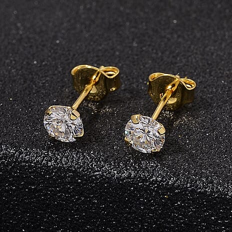 D'Joy Moissanite Solitaire Stud Push Post Earring in Yellow Gold Plated Sterling Silver