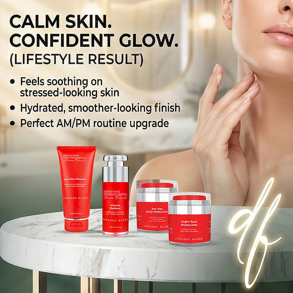 Doctors Formula- Dragons Blood The Calming Anti-Ageing Collection - Incl Anti-Bac Daily Moisturiser 50ml, Night Rest Moisturiser 50ml, Anti-Bac Cleanser 100ml & Wrinkle Reducer 30ml