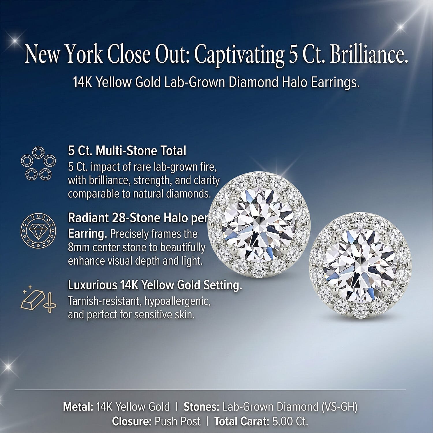 New York Close Out - 14K Yellow Gold Lab Grown Diamond (VS-GH) Halo Earring with Push Back 5.00 Ct.