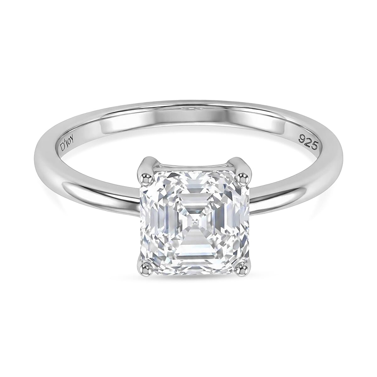 D'Joy Royal Asscher Cut VS-EF Moissanite Solitaire Ring in Rhodium Overlay Sterling Silver 2.00 Ct.