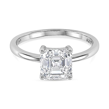 D'Joy Royal Asscher Cut VS-EF Moissanite Solitaire Ring in Rhodium Overlay Sterling Silver 2.00 Ct.