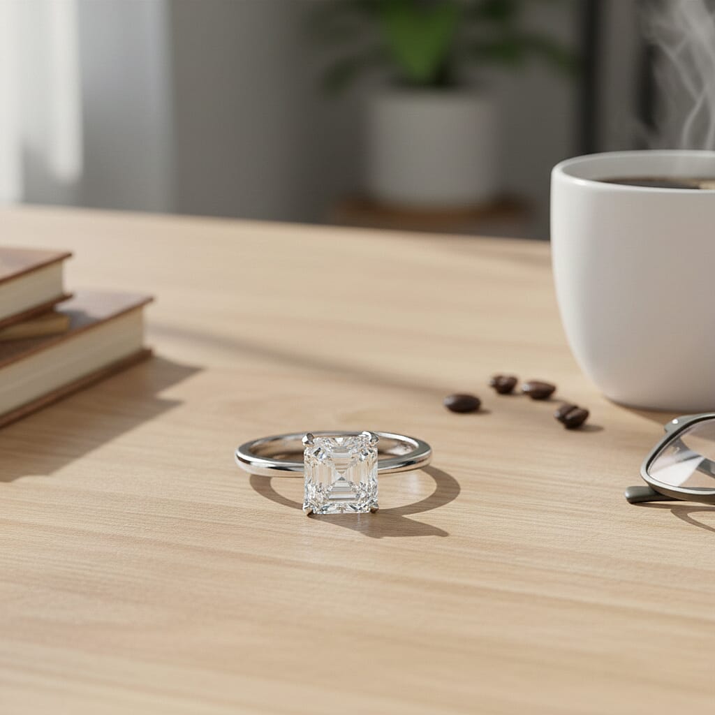 D'Joy Royal Asscher Cut VS-EF Moissanite Solitaire Ring in Rhodium Overlay Sterling Silver 2.00 Ct.