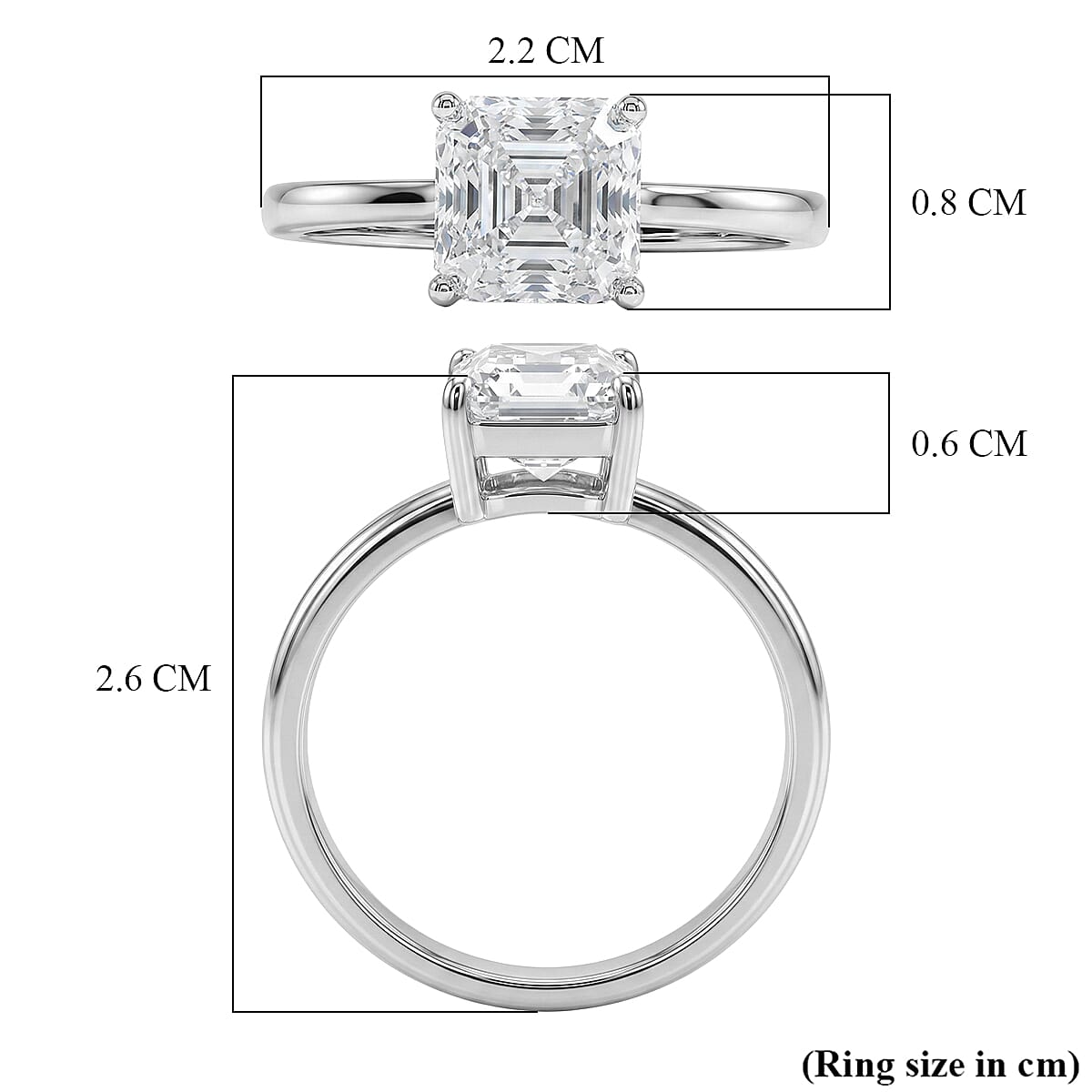 D'Joy Royal Asscher Cut VS-EF Moissanite Solitaire Ring in Rhodium Overlay Sterling Silver 2.00 Ct.