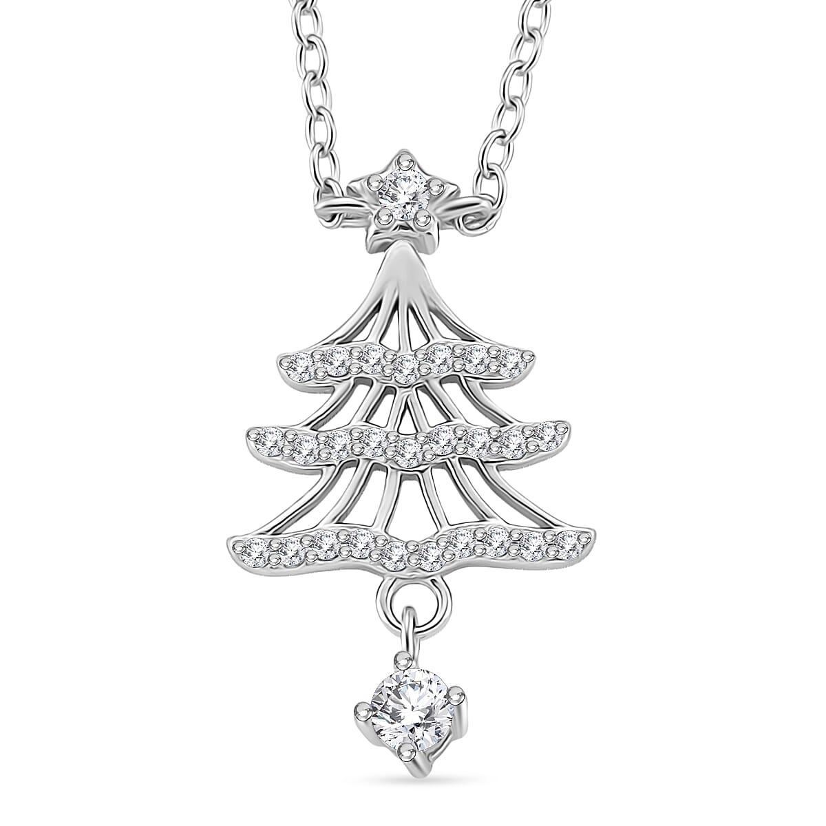 NY Close Out Deal-  White Cubic Zirconia Christmas Tree Drop Necklace (Size - 18) in Rhodium Overlay Sterling Silver