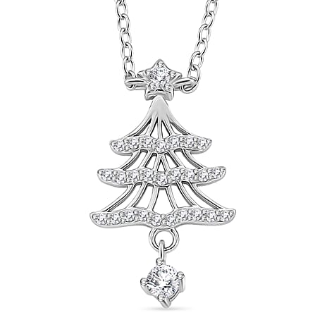 NY Close Out Deal-  White Cubic Zirconia Christmas Tree Drop Necklace (Size - 18) in Rhodium Overlay Sterling Silver