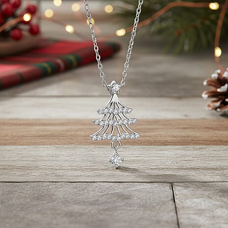 NY Close Out Deal-  White Cubic Zirconia Christmas Tree Drop Necklace (Size - 18) in Rhodium Overlay Sterling Silver