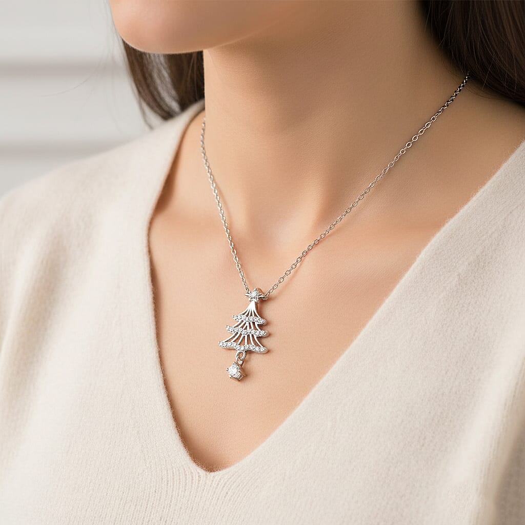 NY Close Out Deal-  White Cubic Zirconia Christmas Tree Drop Necklace (Size - 18) in Rhodium Overlay Sterling Silver