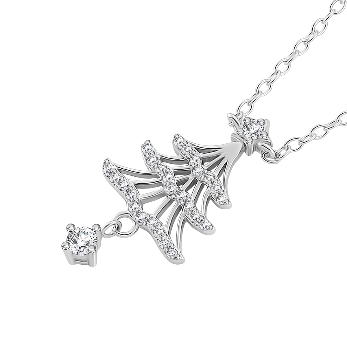 NY Close Out Deal-  White Cubic Zirconia Christmas Tree Drop Necklace (Size - 18) in Rhodium Overlay Sterling Silver