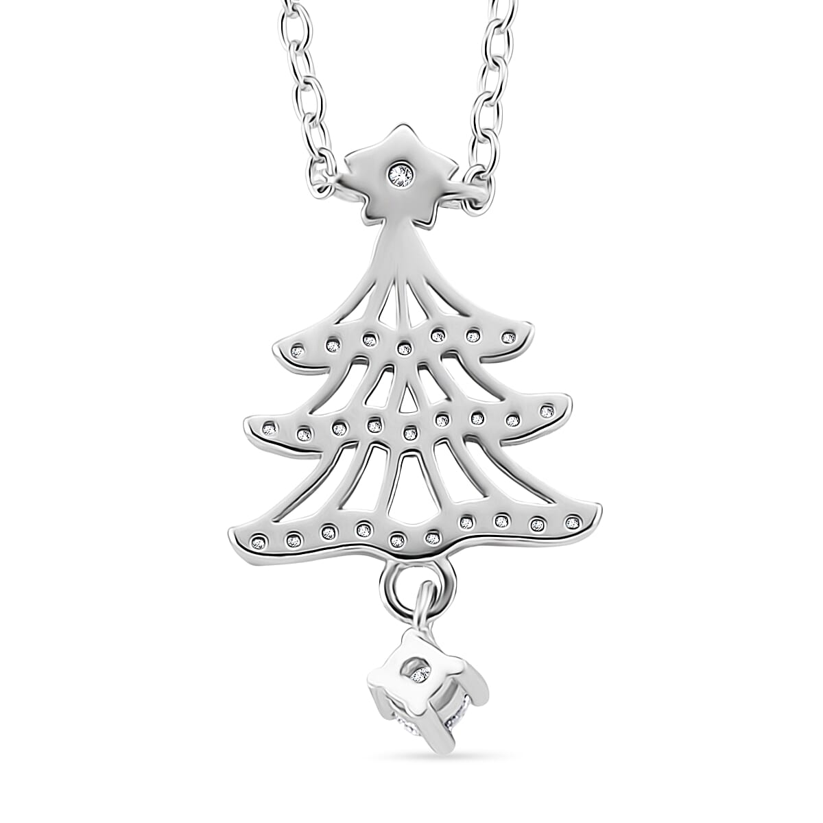 NY Close Out Deal-  White Cubic Zirconia Christmas Tree Drop Necklace (Size - 18) in Rhodium Overlay Sterling Silver