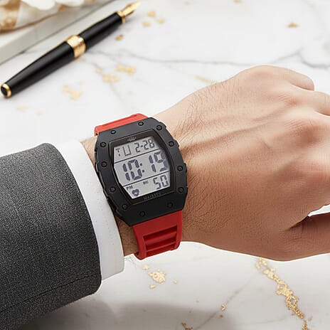 MAJESTY Digital Electronic 3ATM WR LCD Dial - Black Case Mens Watch with Red TUP Strap