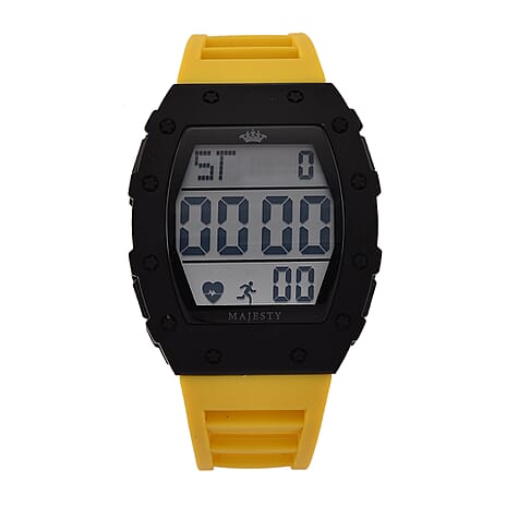 MAJESTY Digital Electronic 3ATM WR LCD Dial - Black Case Mens Watch with Yellow TUP Strap