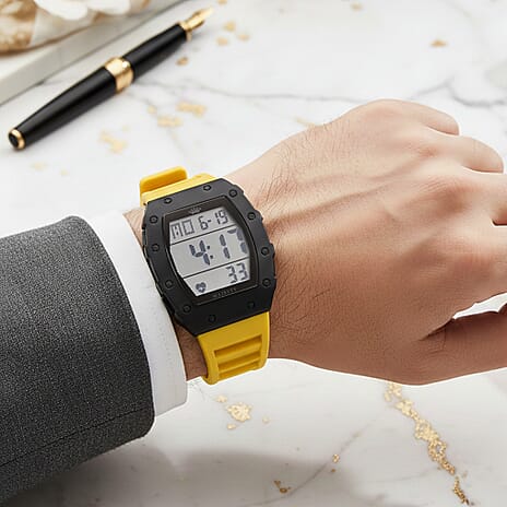 MAJESTY Digital Electronic 3ATM WR LCD Dial - Black Case Mens Watch with Yellow TUP Strap