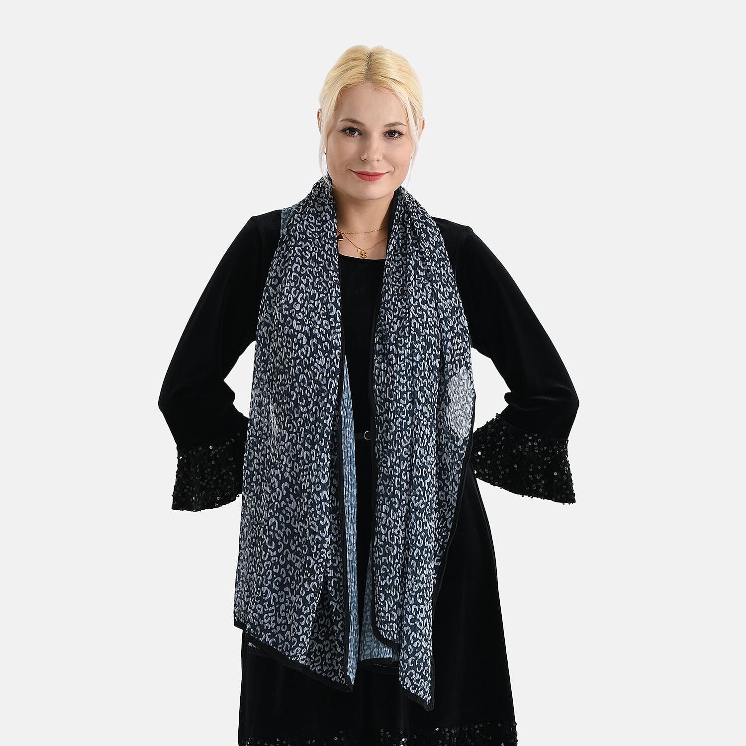 Limited Collection Leopartd Print Sparkling Sequin Evening Shawl (180 x 70 cm) - Black