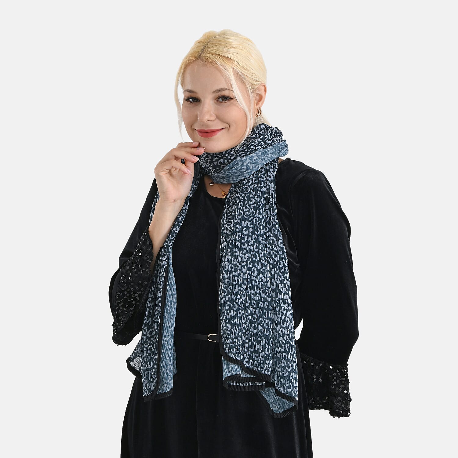 Limited Collection Leopartd Print Sparkling Sequin Evening Shawl (180 x 70 cm) - Black