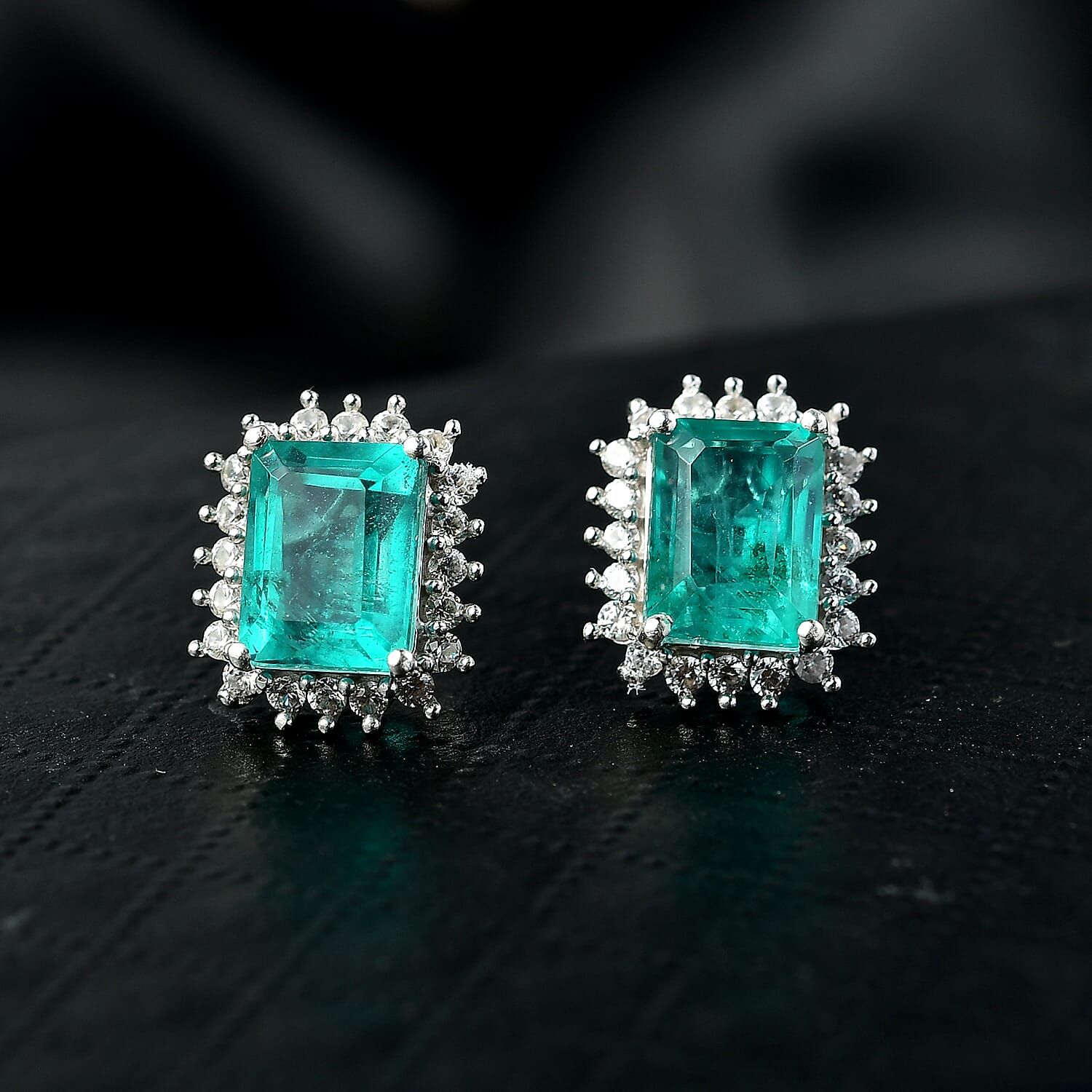 D'Joy Emeraldine Triplet Quartz, White Zircon Main Stone With Surrounding Stone Earring in Platinum OverlaySterling Silver  3.062  Ct.