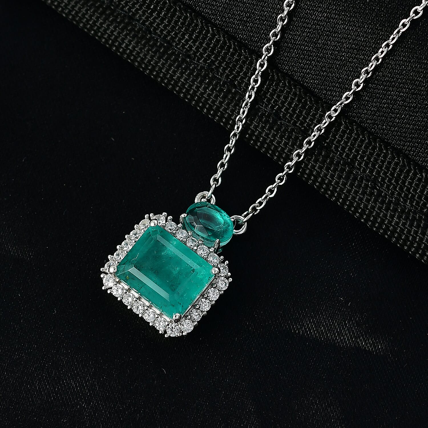 D'Joy Emeraldine Triplet Quartz, White Zircon Main Stones With Stone Neckalce (Size - 20) in Platinum OverlaySterling Silver  6.939  Ct.