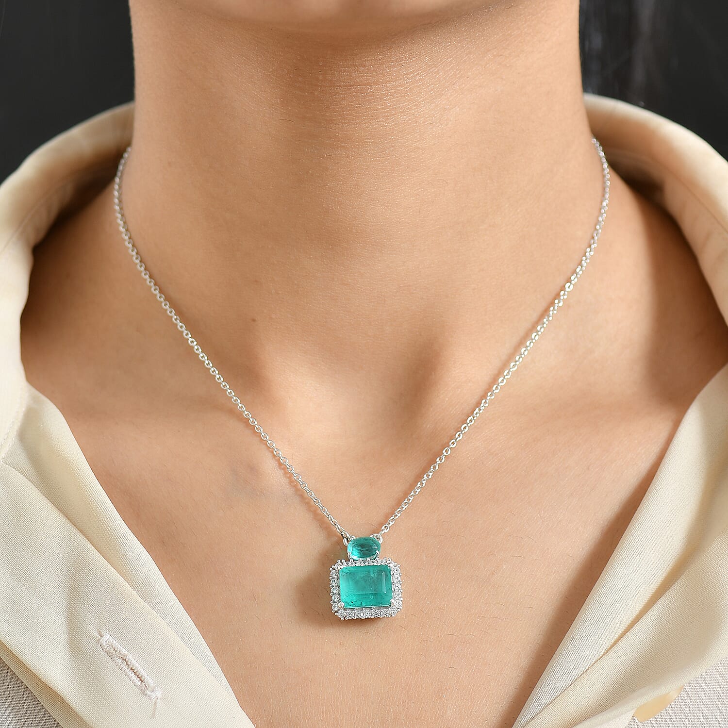 D'Joy Emeraldine Triplet Quartz, White Zircon Main Stones With Stone Neckalce (Size - 20) in Platinum OverlaySterling Silver  6.939  Ct.