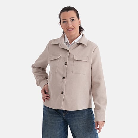 La Marey Corduroy Shacket with Checked Lining (Size 22 to 24) - Beige
