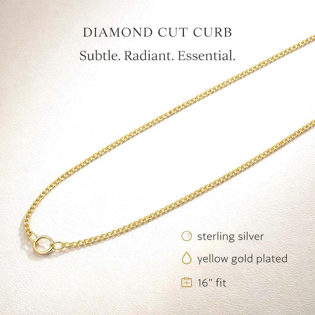 Sterling Silver Diamond Cut Curb Chain in Yellow Gold Plated (Size 18) with Spring Ring Clasp