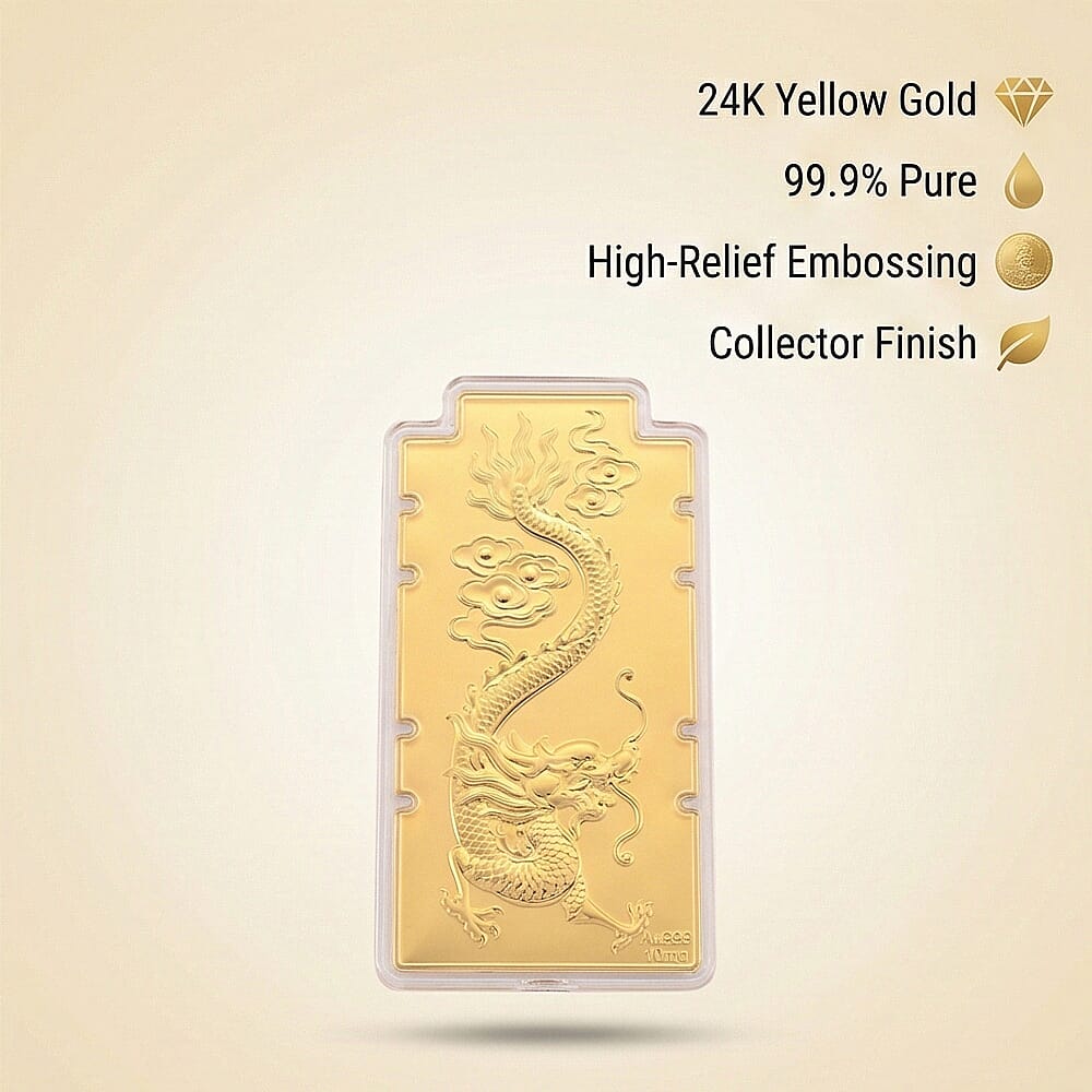24K Yellow Gold (99.9% Purity) Large Dragon Embossed Treasure - Symbolizing Power, Protection & Prosperity (100 x 50 MM)
