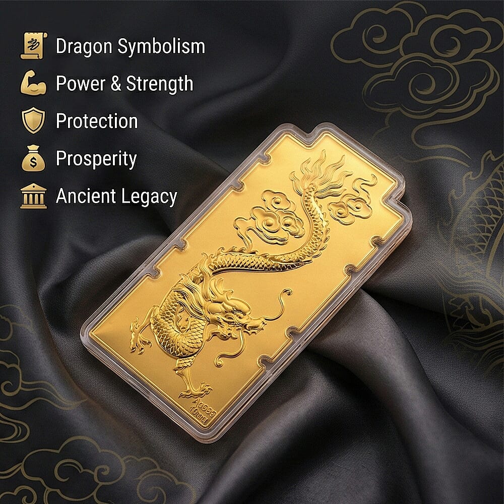 24K Yellow Gold (99.9% Purity) Large Dragon Embossed Treasure - Symbolizing Power, Protection & Prosperity (100 x 50 MM)