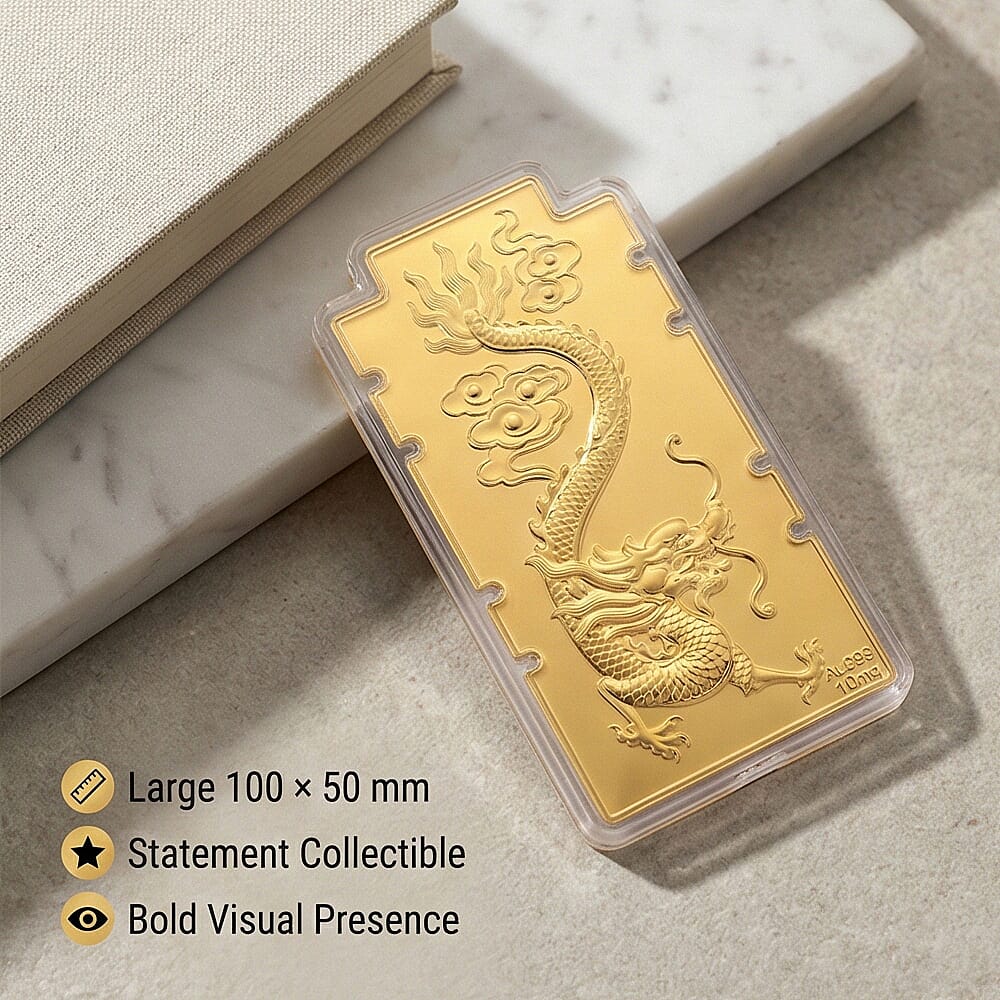 24K Yellow Gold (99.9% Purity) Large Dragon Embossed Treasure - Symbolizing Power, Protection & Prosperity (100 x 50 MM)