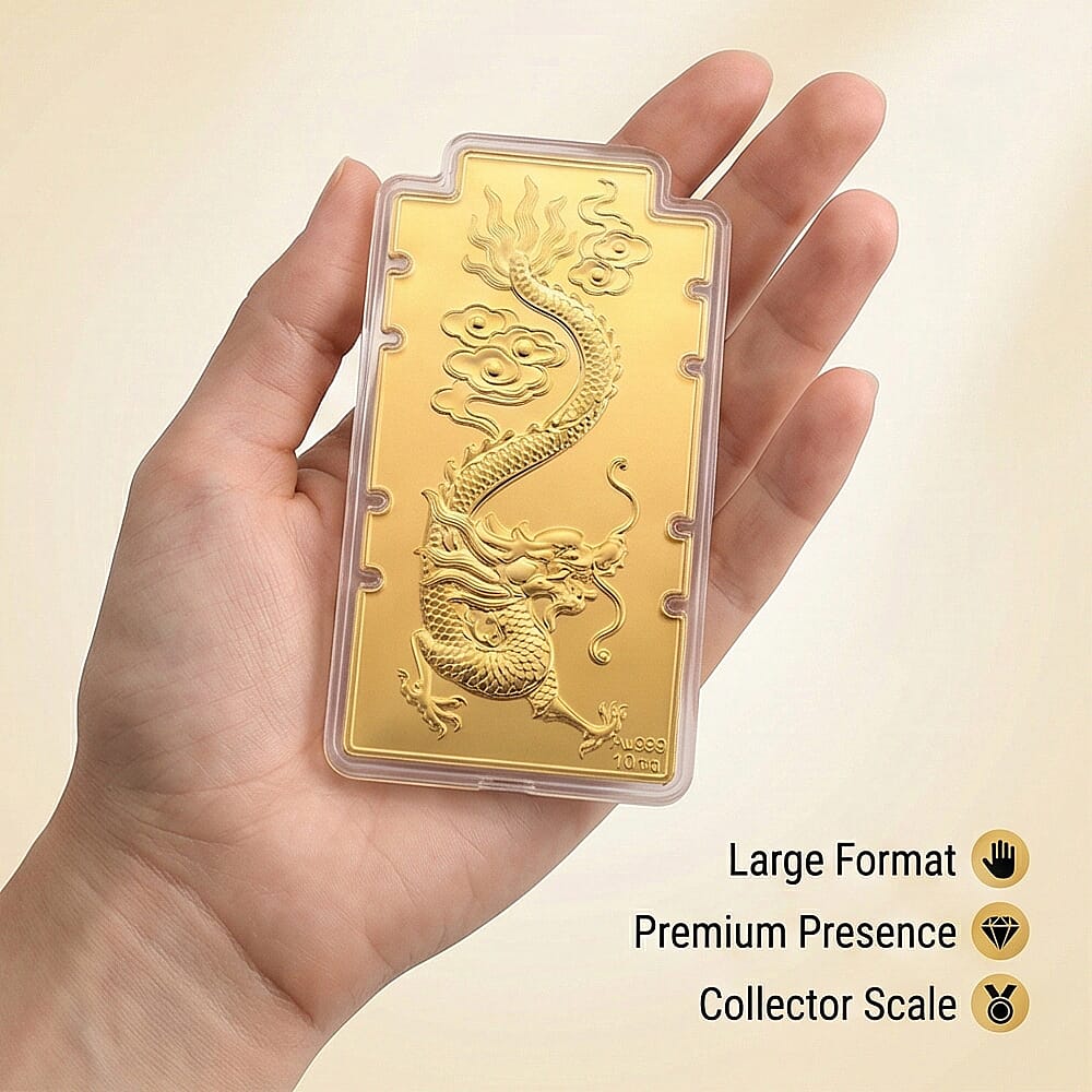 24K Yellow Gold (99.9% Purity) Large Dragon Embossed Treasure - Symbolizing Power, Protection & Prosperity (100 x 50 MM)