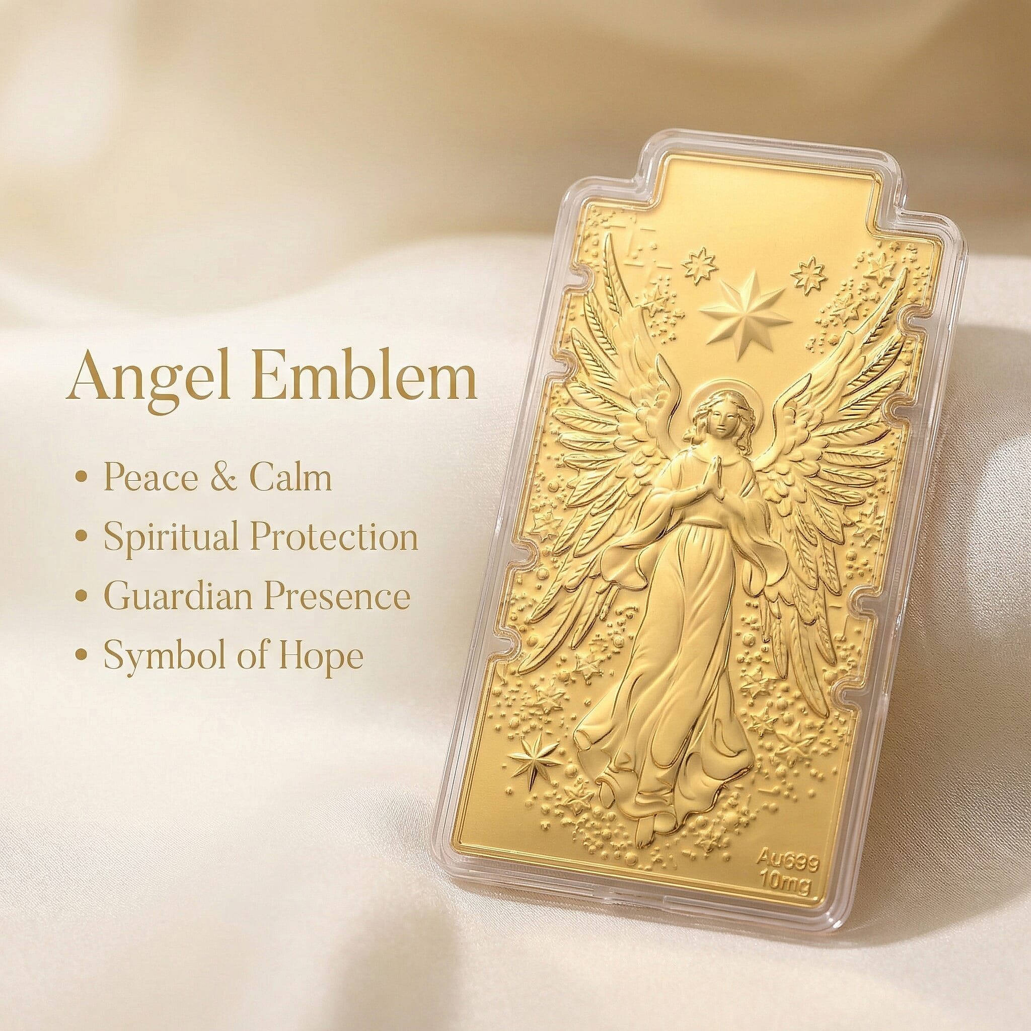 24K Yellow Gold (99.9% Purity) Large Angel Embossed Treasure - Serving as a Guardian Emblem for Peace & Spiritual Protection