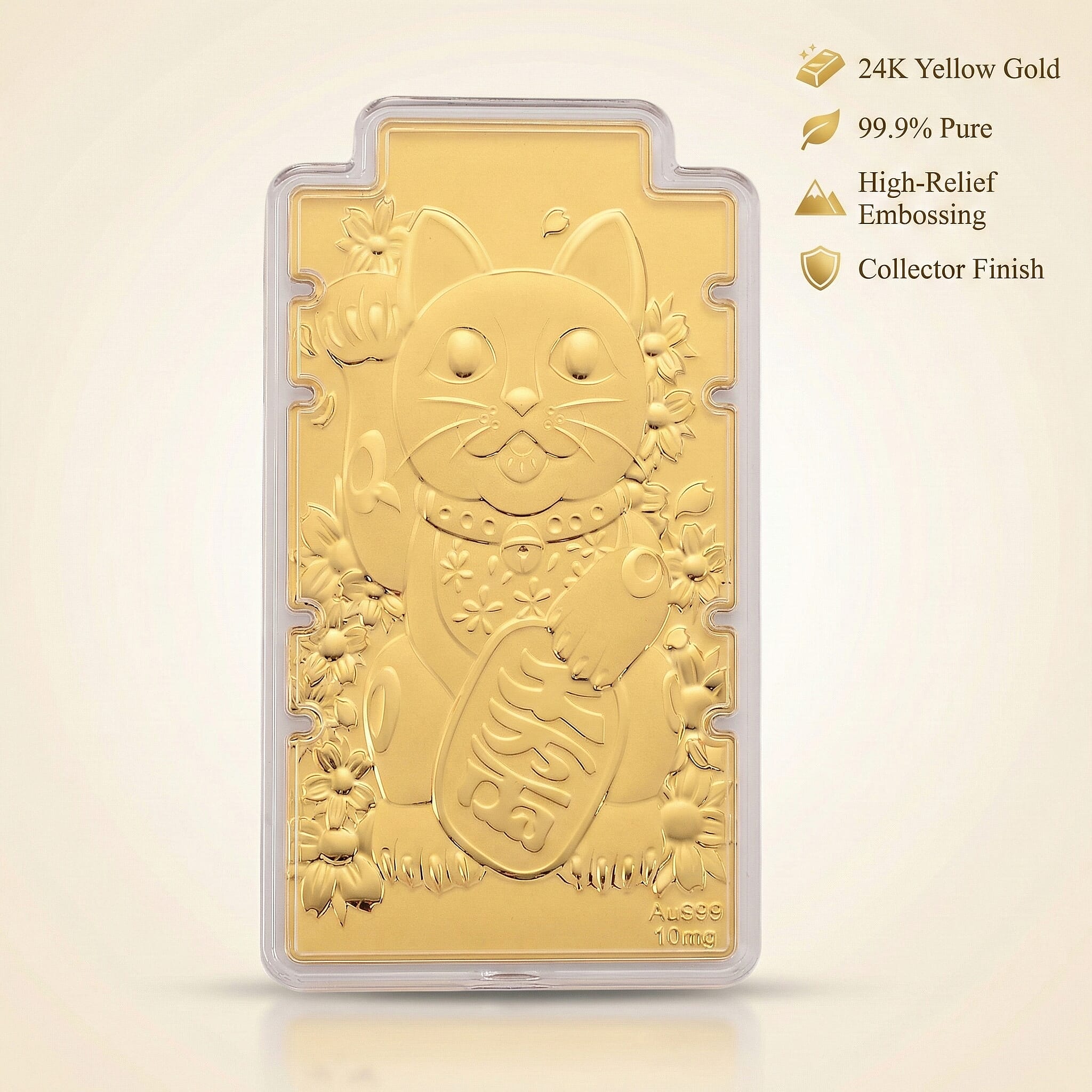 24K Yellow Gold (99.9% Purity) Large Maneki Neko Cat Embossed Treasure - Symbolizing Wealth, Good Fortune & Prosperity