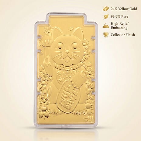 24K Yellow Gold (99.9% Purity) Large Maneki Neko Cat Embossed Treasure - Symbolizing Wealth, Good Fortune & Prosperity