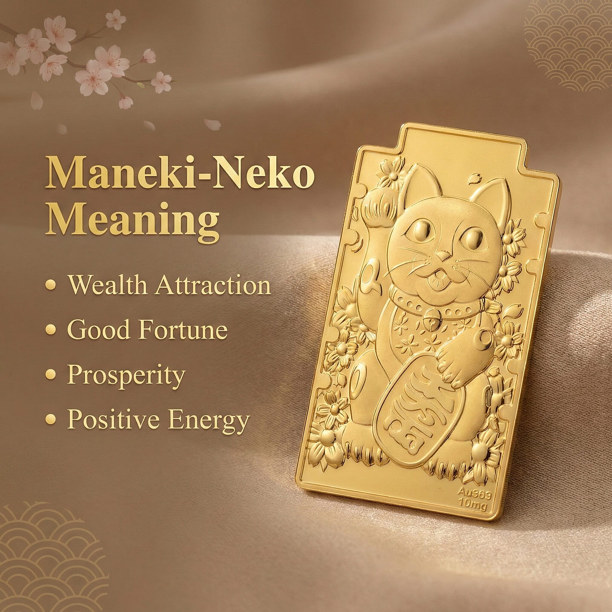 24K Yellow Gold (99.9% Purity) Large Maneki Neko Cat Embossed Treasure - Symbolizing Wealth, Good Fortune & Prosperity