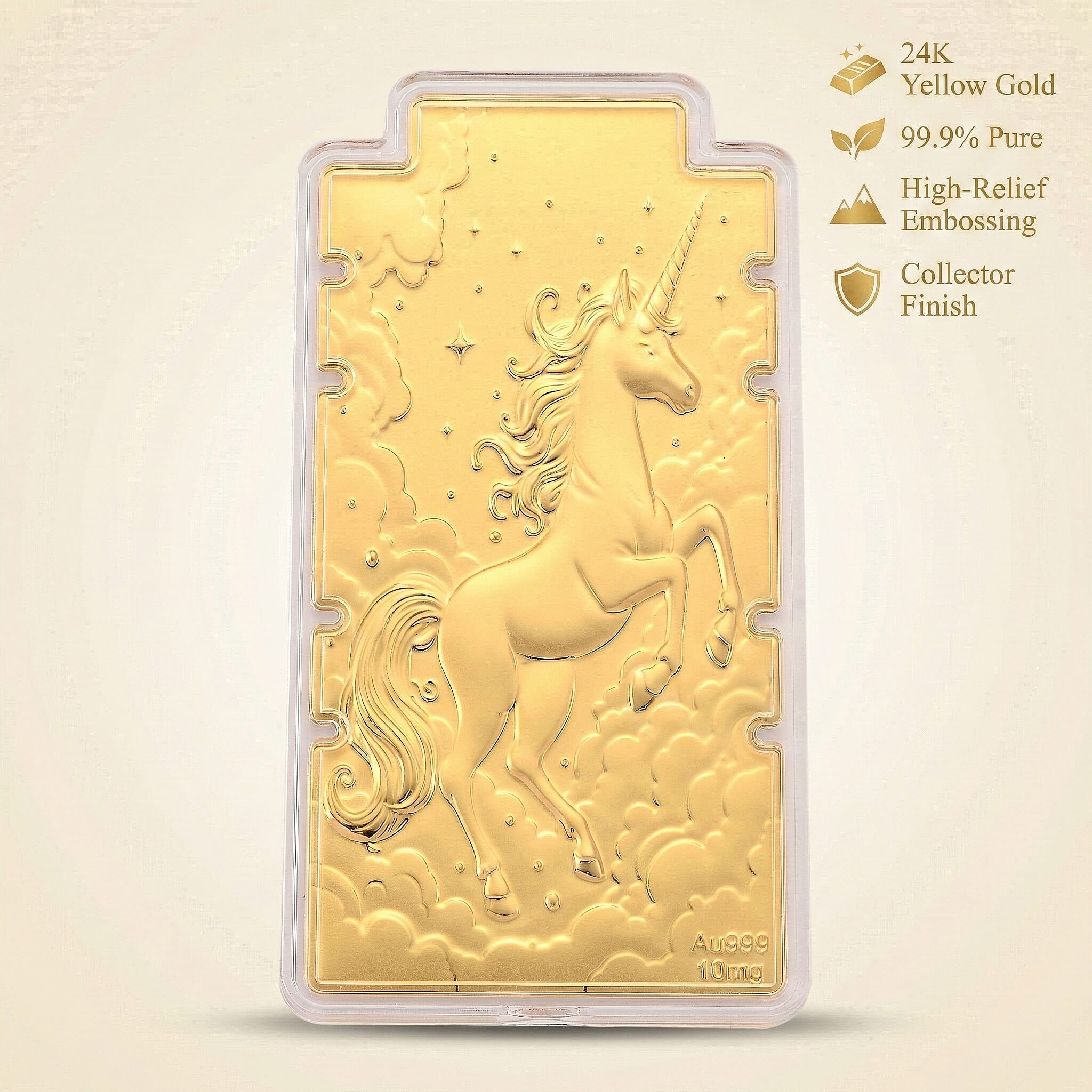 24K Yellow Gold (99.9% Purity) Large Unicorn Embossed Treasure - Representing Purity, Freedom & Magical Strength