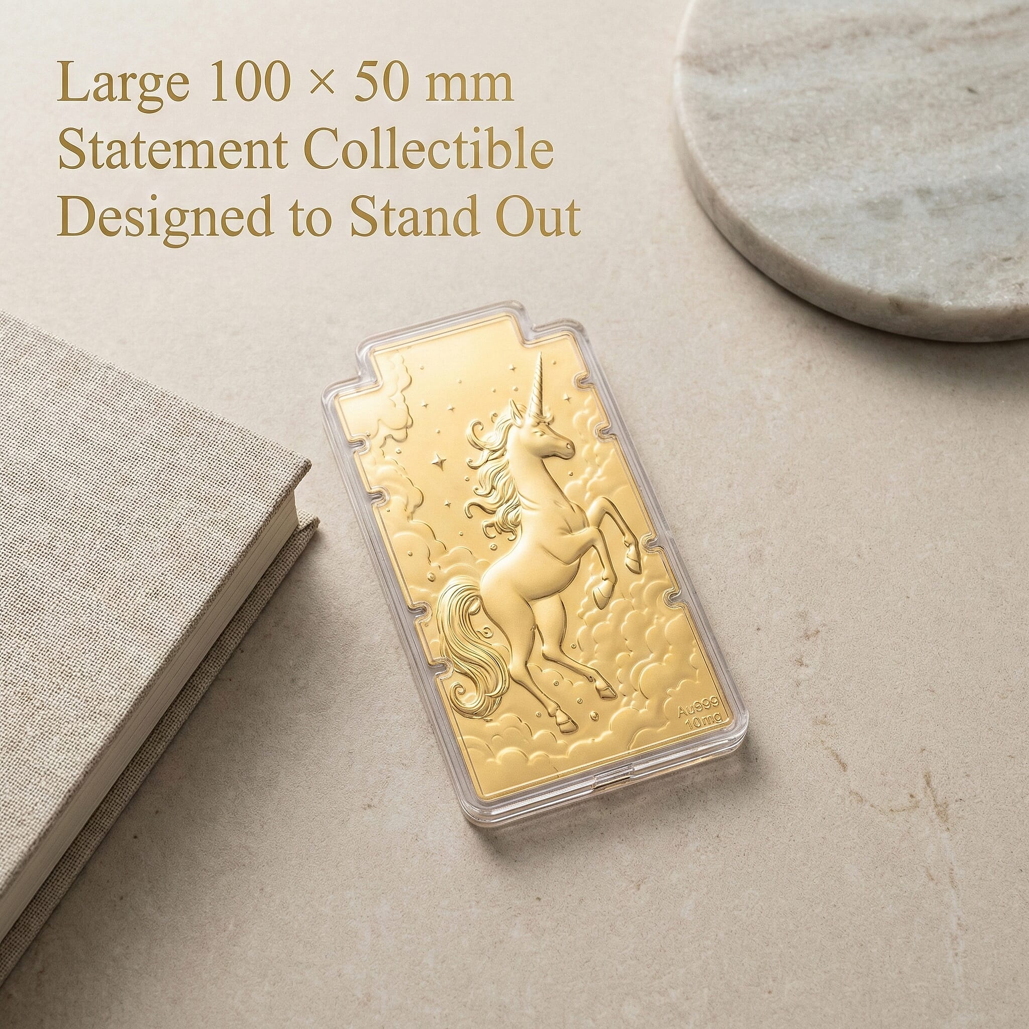 24K Yellow Gold (99.9% Purity) Large Unicorn Embossed Treasure - Representing Purity, Freedom & Magical Strength