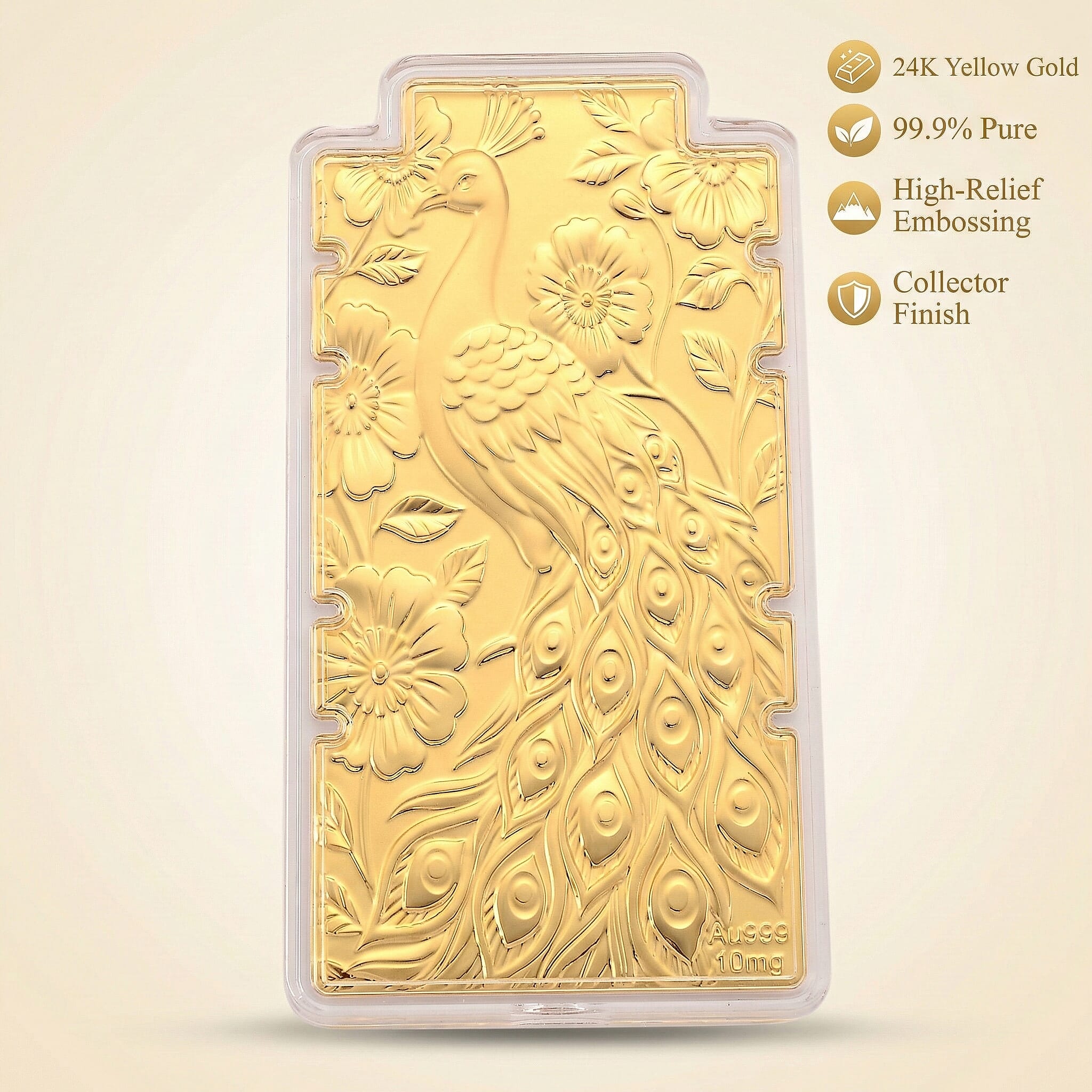 24K Yellow Gold (99.9% Purity) Large Peacock Embossed Treasure - Representing Beauty, Pride, and Immortality Foil