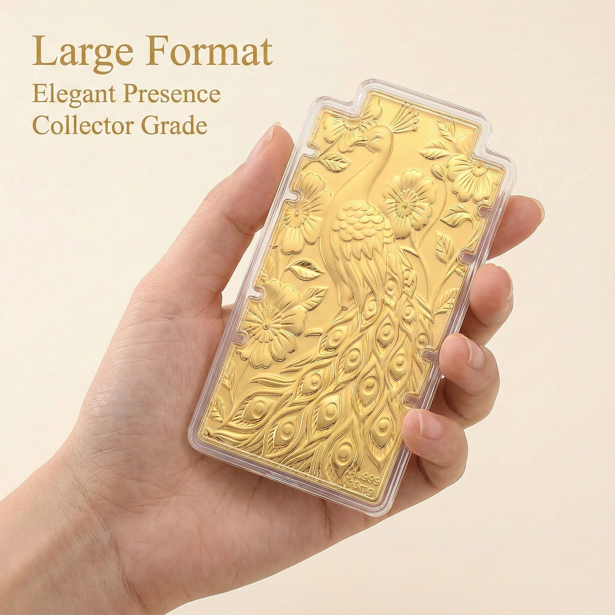 24K Yellow Gold (99.9% Purity) Large Peacock Embossed Treasure - Representing Beauty, Pride, and Immortality Foil