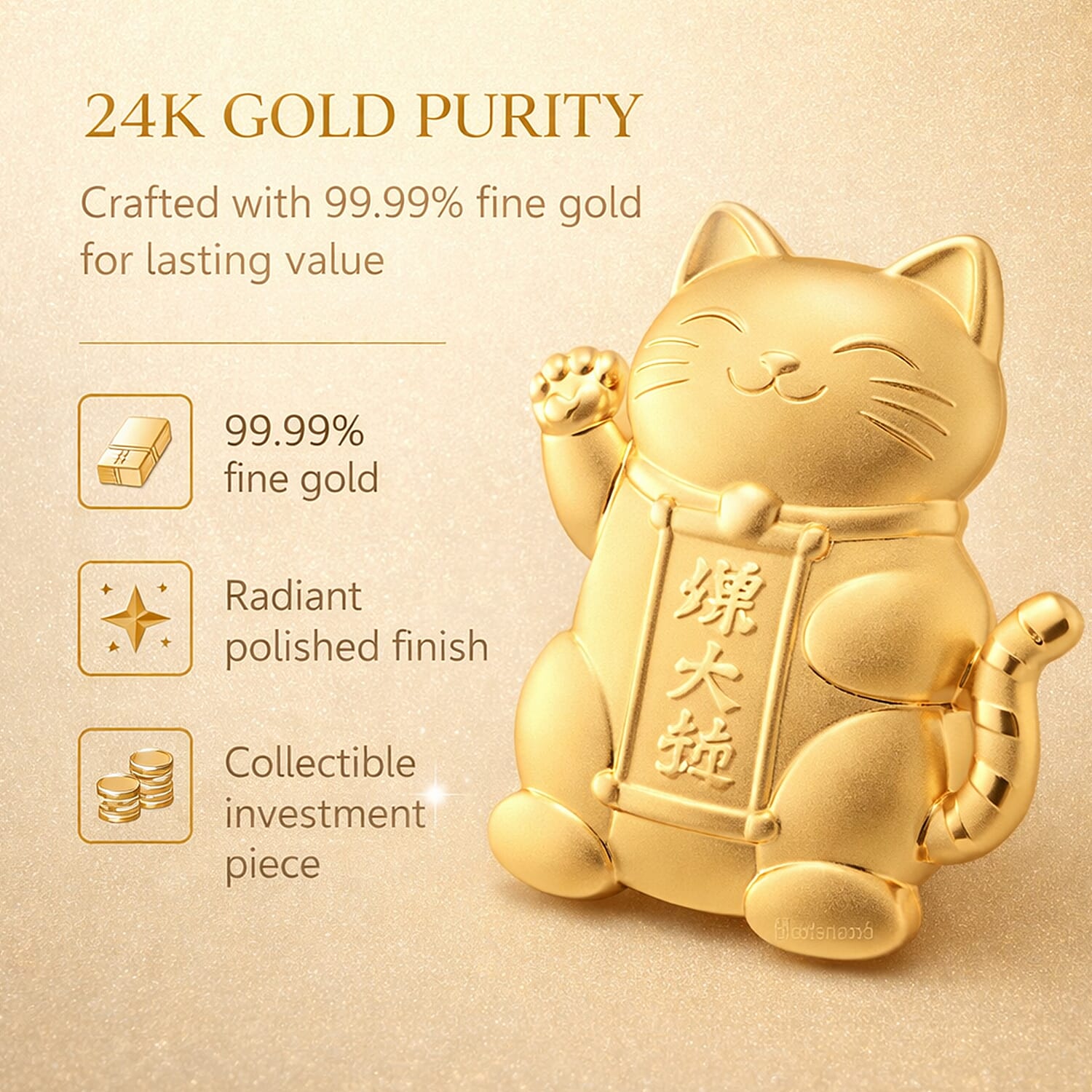 24K (99.99% Purity Yellow Gold Maneki Neko Lucky Cat