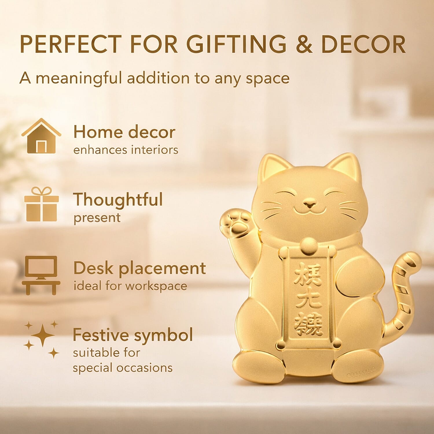 24K (99.99% Purity Yellow Gold Maneki Neko Lucky Cat
