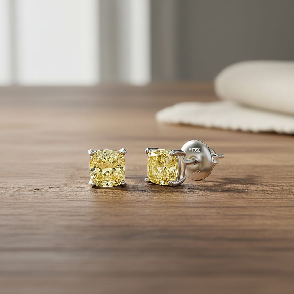 Luxuriant 950 Platinum SGL Certified Lab Grown Yellow Diamond (VS) Earring with Screw Back 2.00 Ct.