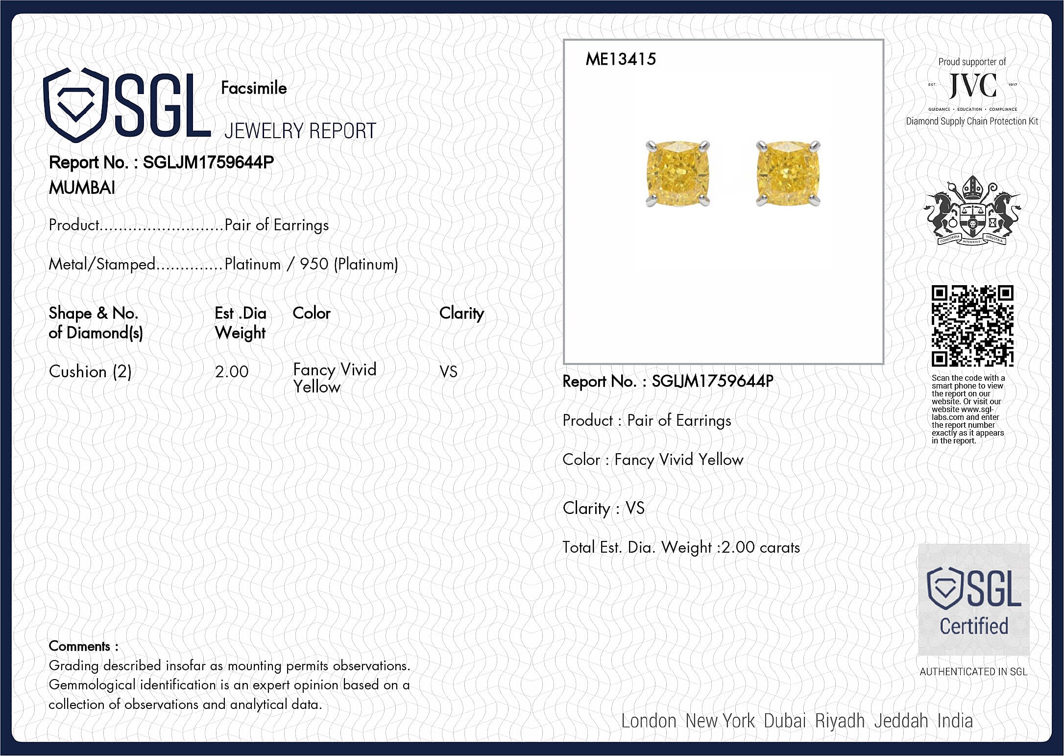 Luxuriant 950 Platinum SGL Certified Lab Grown Yellow Diamond (VS) Earring with Screw Back 2.00 Ct.