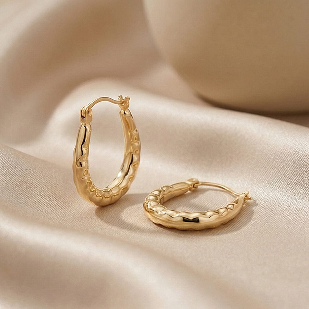 9K Yellow Gold Textured Creole Earring with Clasp
