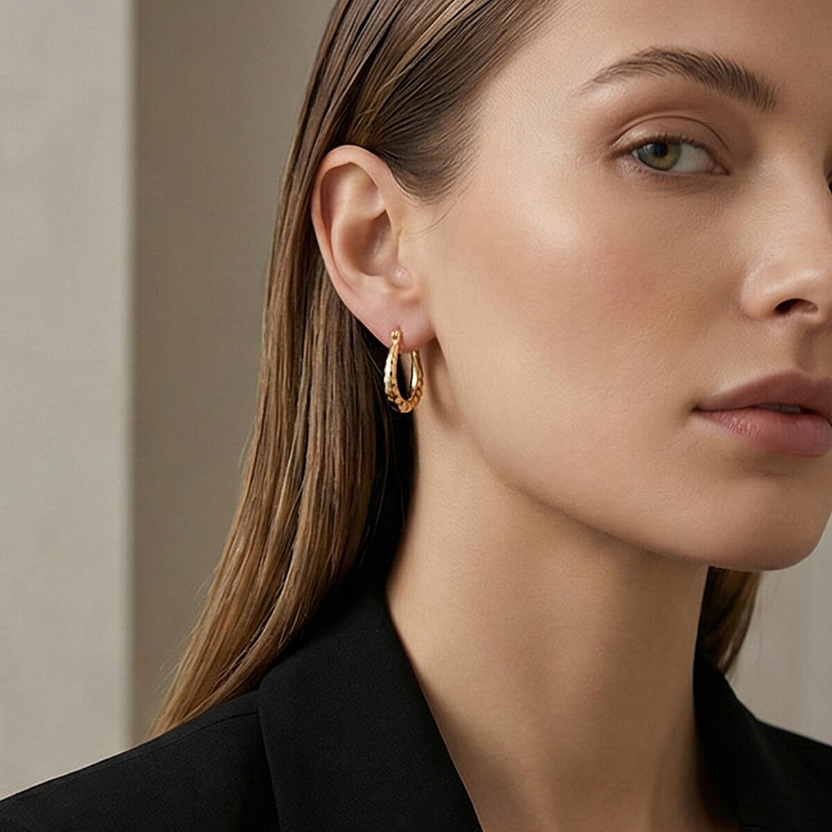 9K Yellow Gold Textured Creole Earring with Clasp