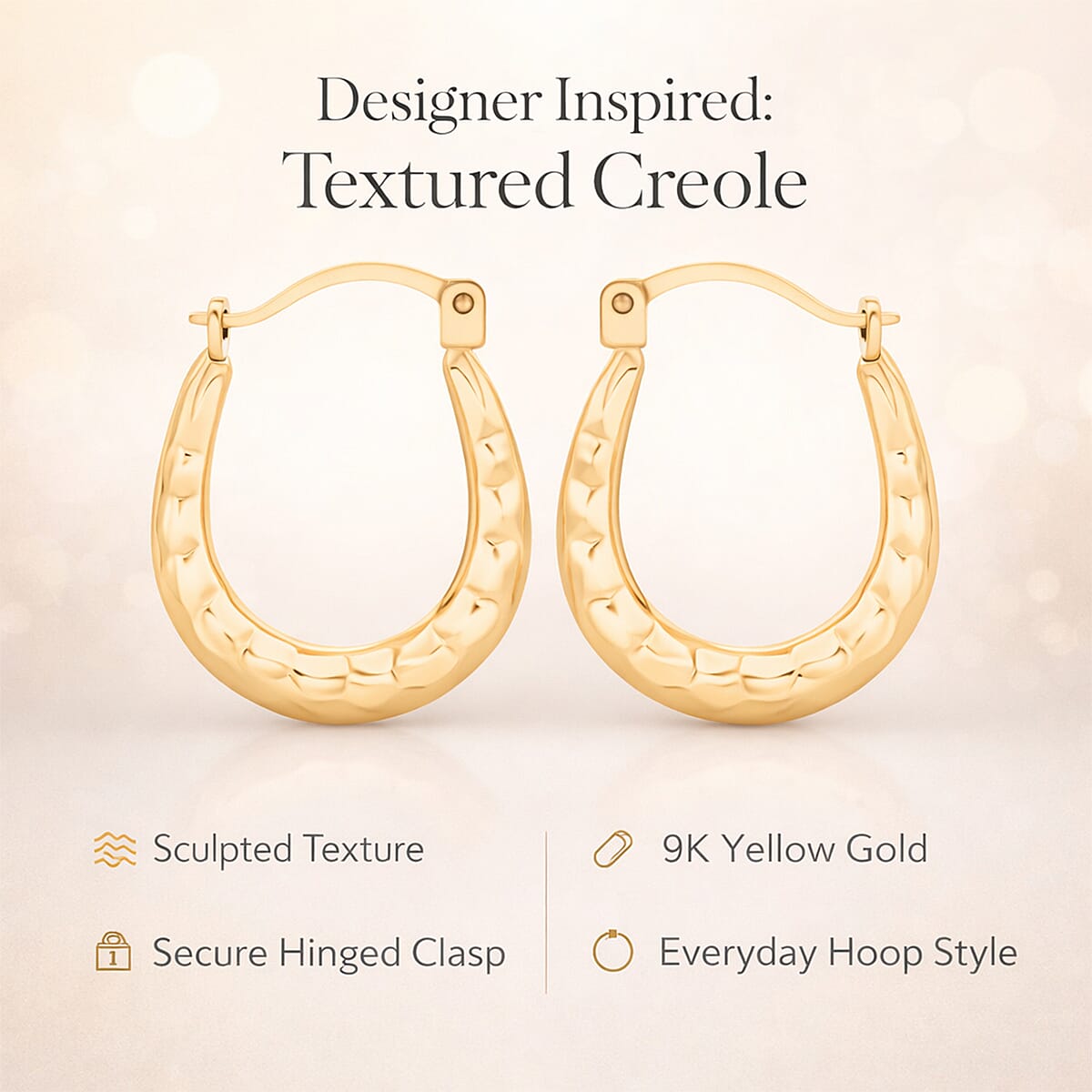 9K Yellow Gold Textured Creole Earring with Clasp