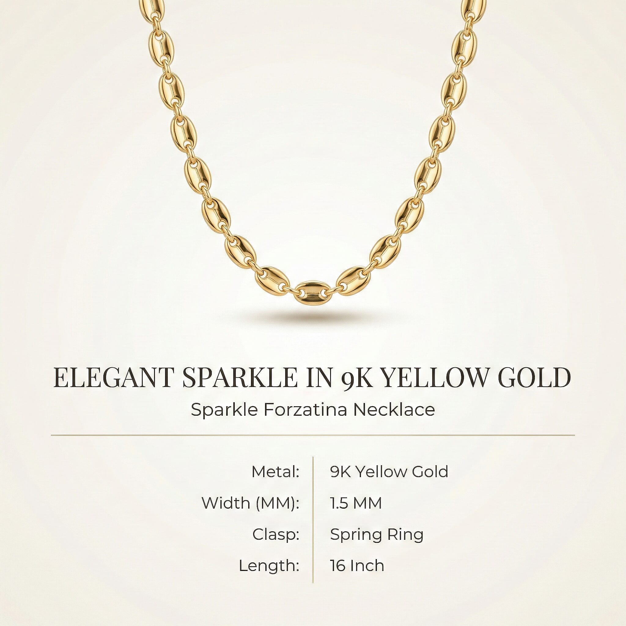 9K Yellow Gold Sparkle Forzatina Necklace (Size - 16) with Spring Ring Clasp