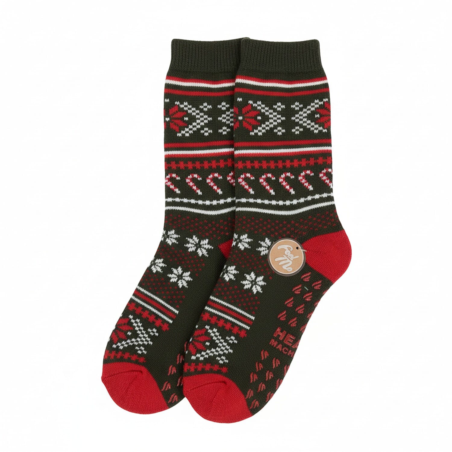 Heat Machine - Sherpa Lined Anti Slip Slipper Socks (Size UK 6-11) - Candy Cane