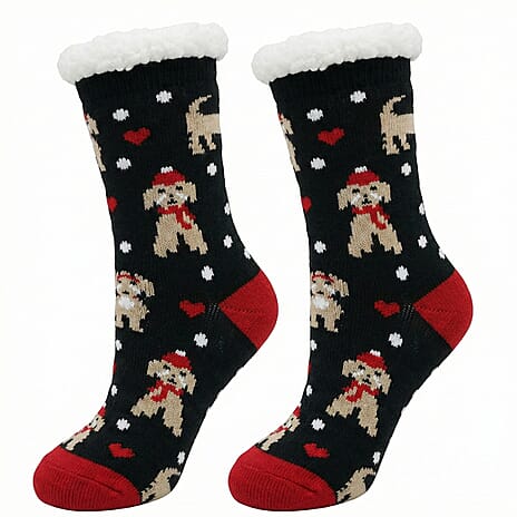 Heat Machine - Sherpa Lined Anti Slip Christmas Slipper Socks (Size UK 6-11) - Dog