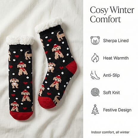 Heat Machine - Sherpa Lined Anti Slip Christmas Slipper Socks (Size UK 6-11) - Dog