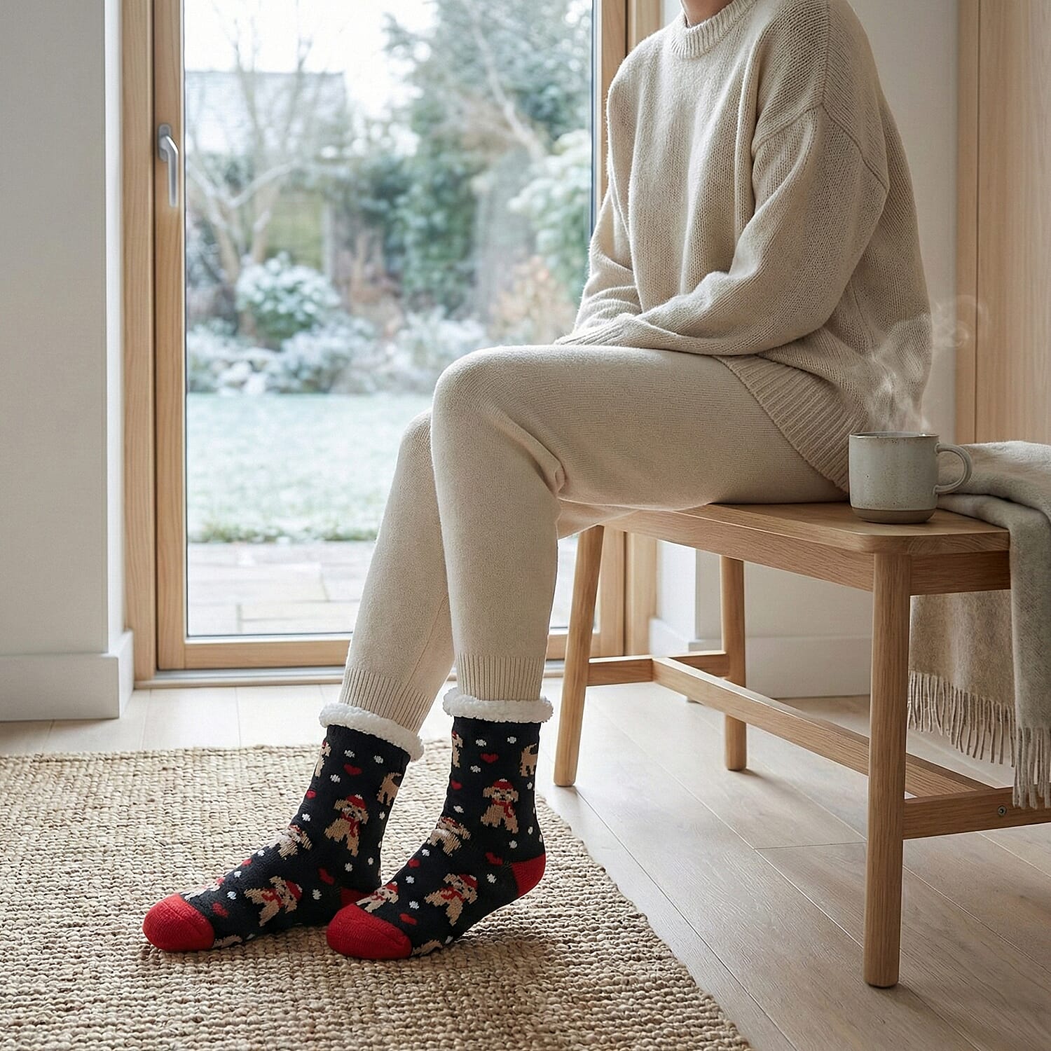 Heat Machine - Sherpa Lined Anti Slip Christmas Slipper Socks (Size UK 6-11) - Dog