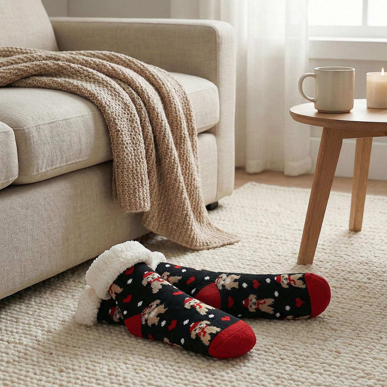 Heat Machine - Sherpa Lined Anti Slip Christmas Slipper Socks (Size UK 6-11) - Dog